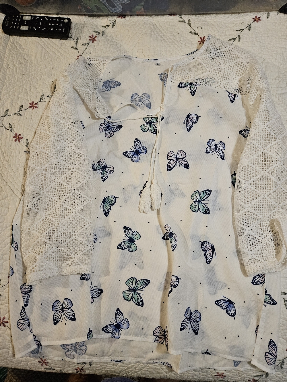 White Butterfly Print Crochet-Sleeve Blouse